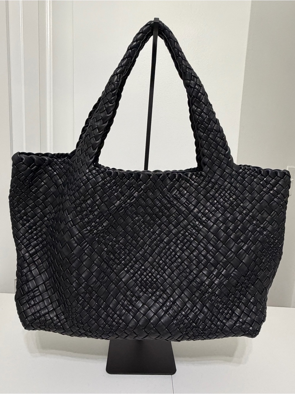 FALOR Italy Black Woven Leather Tote Bag Large Intrecciato Shoulder Bag Luxury